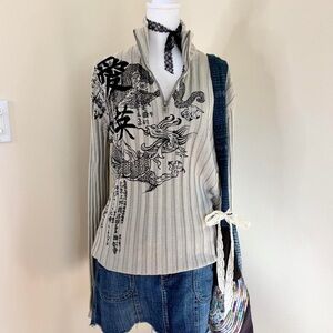Vintage Y2K Asian dragon print quarter zip sweater mock funnel neck mcbling M